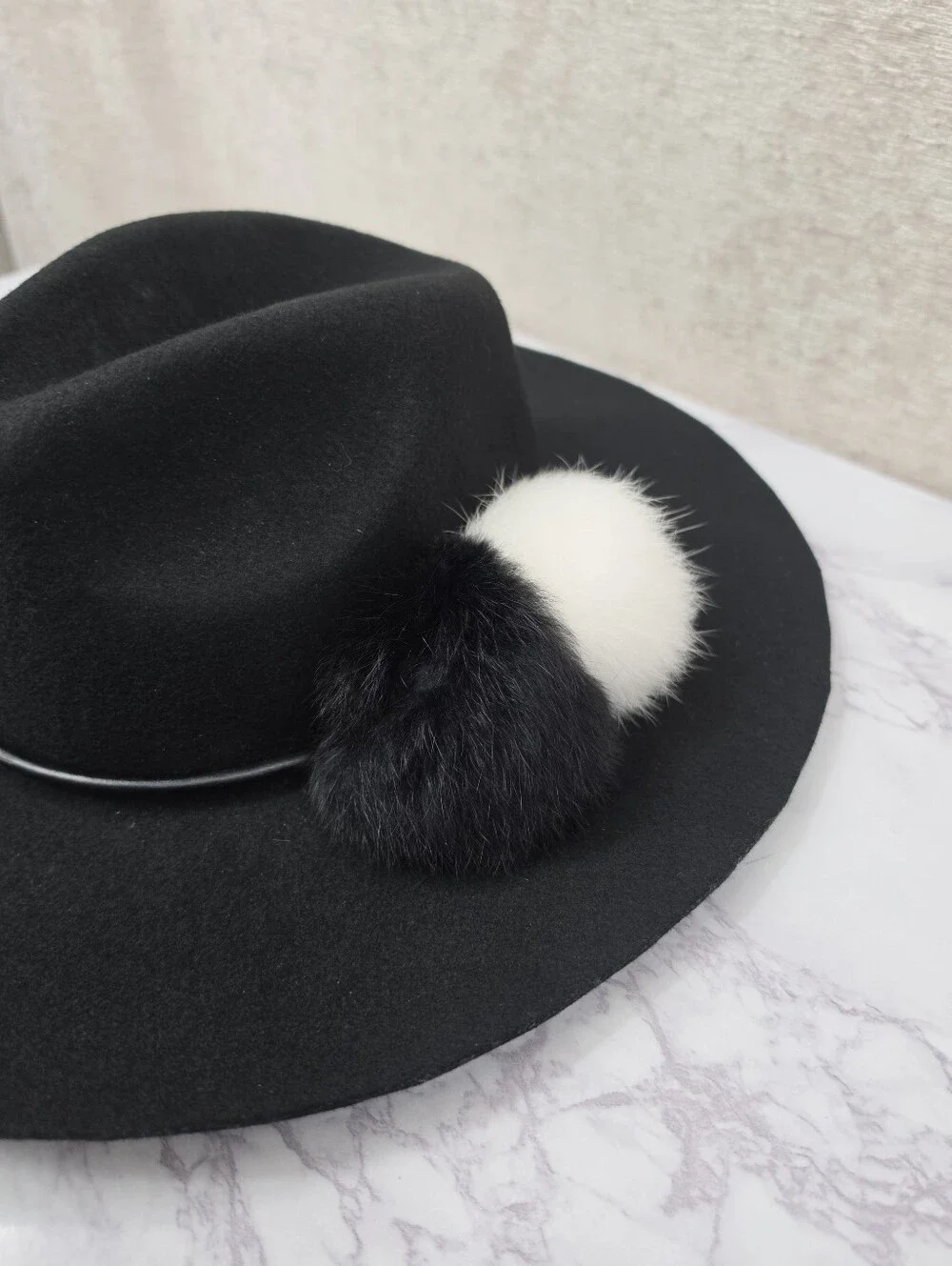 Echo Wool Cloche Floppy Brim Hat Leather Band with Rabbit Fur Pom Poms Black